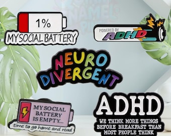Neurodivergent, ADHD, Social ångest, Emaljnålar - Social Battery Badges