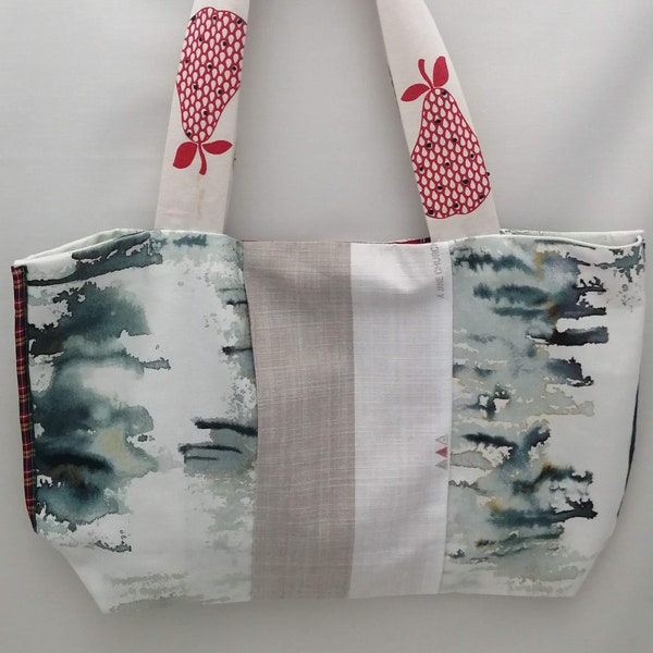 Eco Upcycled Recycled Repurposed Reusable Reversible Handmade Tote Shop Bag with secret pocket. Made with new repurposed designer fabric.