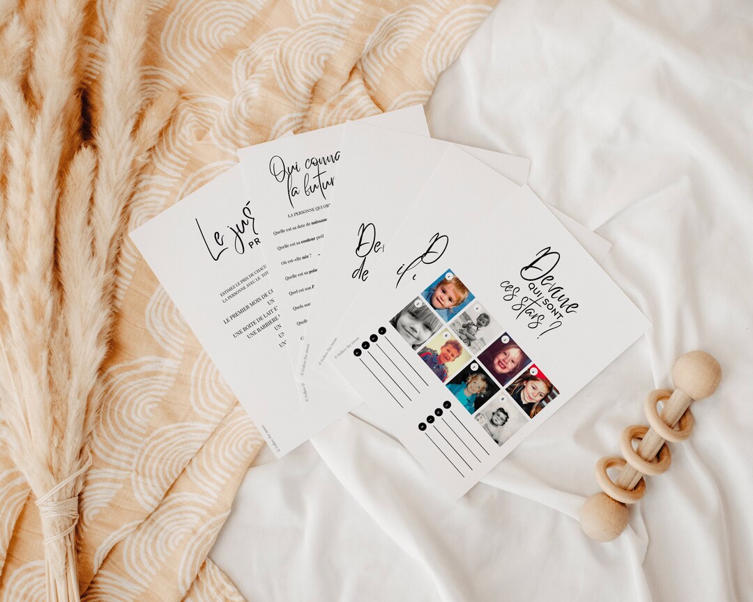 20 Games to Print and Download for Baby Shower in French, Minimalist