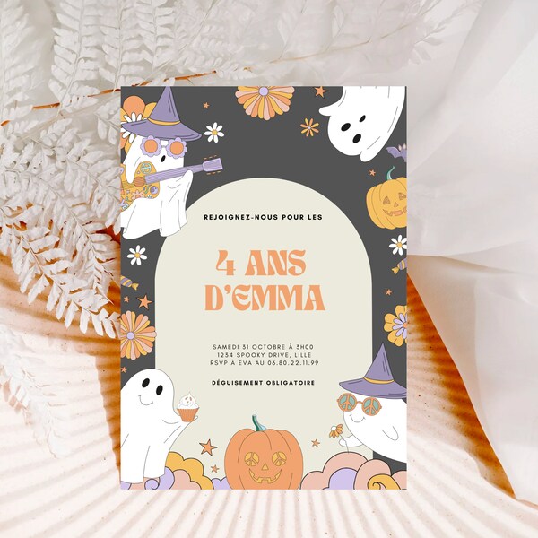 Editable Halloween Ghost Birthday Invitation Retro Hippie Pumpkin Ghost Birthday Party, English and French