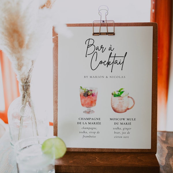 Menu bar à cocktails signature de Mariage, thème minimaliste, illustrations aquarelle - template à modifier