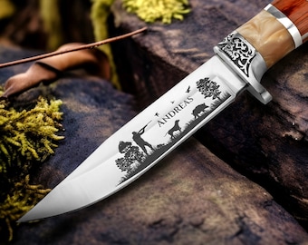 Coltello da caccia inciso con qualsiasi nome / Coltello personalizzato / Regalo per papà, nonno / Strumento di sopravvivenza con manico in legno