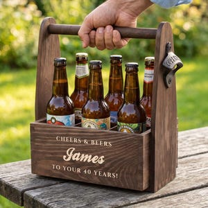 Personalized Wood Beer Caddy with Opener: Birthday Gift