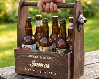 Personalized Wood Beer Caddy with Opener: Birthday Gift