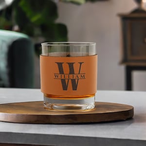 Personalised Genuine Leather Whiskey Glass Cover | Leather Wrapped Tumbler | Engraved Whiskey Glass Wraps | Premium Glass | Birthday Gift