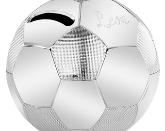 Personalised Silver-Plated Soccer Piggy Banks | Engraved Money Box with Name | Babies Keepsakes