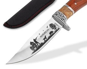 Engraved Hunting Knife with Any Name | Personalized Knife | Gift for Dad, Grandpa | Survival Tool with Wooden Handle