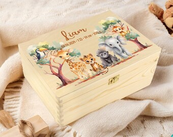 Caja de recuerdos personalizada para bebé: temática de animales de safari, caja de recuerdos de madera