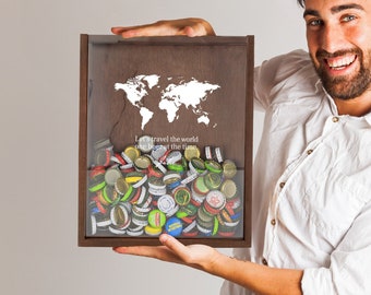 Personalized World Map Beer Cap Box: Beer Lover Gift