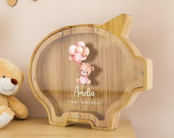 Personalized Piggy Bank with Name for a First Year Old Girl | Children's Money Bank | Kids Coin Bank | Wooden Cash Box |  Baby Girl Gift