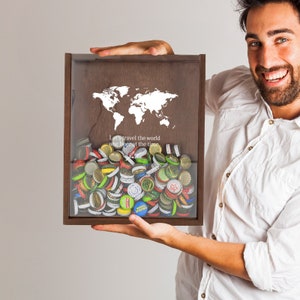 Armazenamento personalizado de tampinhas de cerveja - Decoração de arte com mapa-múndi para tampinhas de cerveja - Presente de aniversário para amantes de cerveja - Caixa de sombra para tampinhas de cerveja