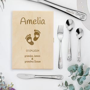 Engraved Childrens Kids 4 Piece Cutlery Set | Children&#39;s Cutlery Set with Engraving in Box | Kids Tableware | Christening Gift