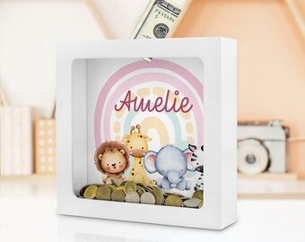 Personalized Wooden Piggy Bank: Safari Animals, Rainbow Decor