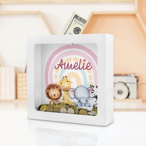 Personalized Rainbow Piggy Bank with Name | Pastel Money Saving Box for Girls | Kids Birthday Gift | Children Money Box with Safari Animal