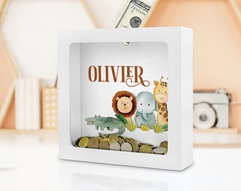Personalized Wooden Safari Animal Money Box: Baby Keepsake Gift