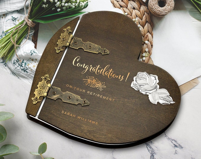 Personalized Retirement Book | Wooden Album with Silver Rose | Retirement Memory Book | Leaving Gift for Co-worker, Colleague, Friend | Logo