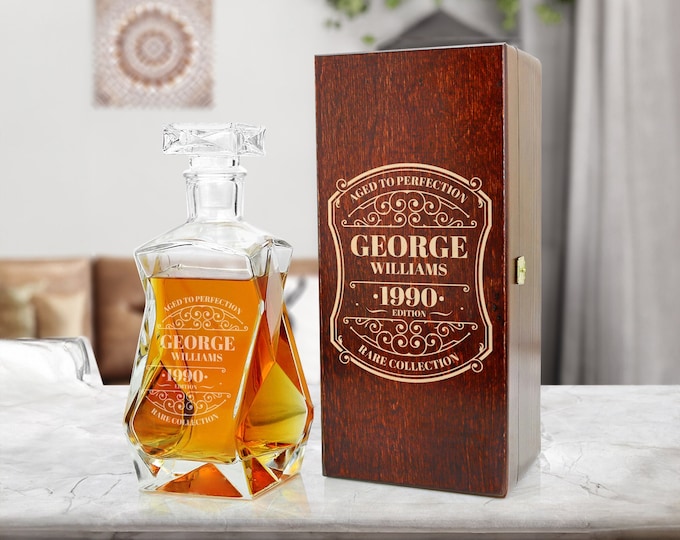 Personalized Whiskey Decanter with Wooden Gift Box | Personalized Birthday Decanter - Etched Birthday Gift for Him