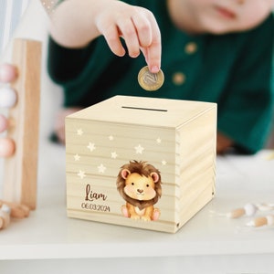 Personalized Baby Money Box | Children Money Box with Name | Baby Gift for Birth | Safari Wooden Piggy Bank