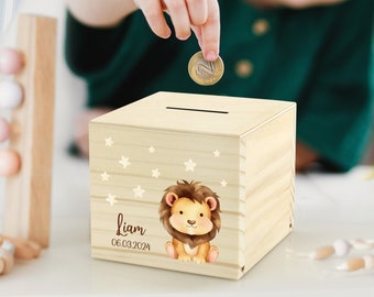 Personalized Baby Money Box | Children Money Box with Name | Baby Gift for Birth | Safari Wooden Piggy Bank