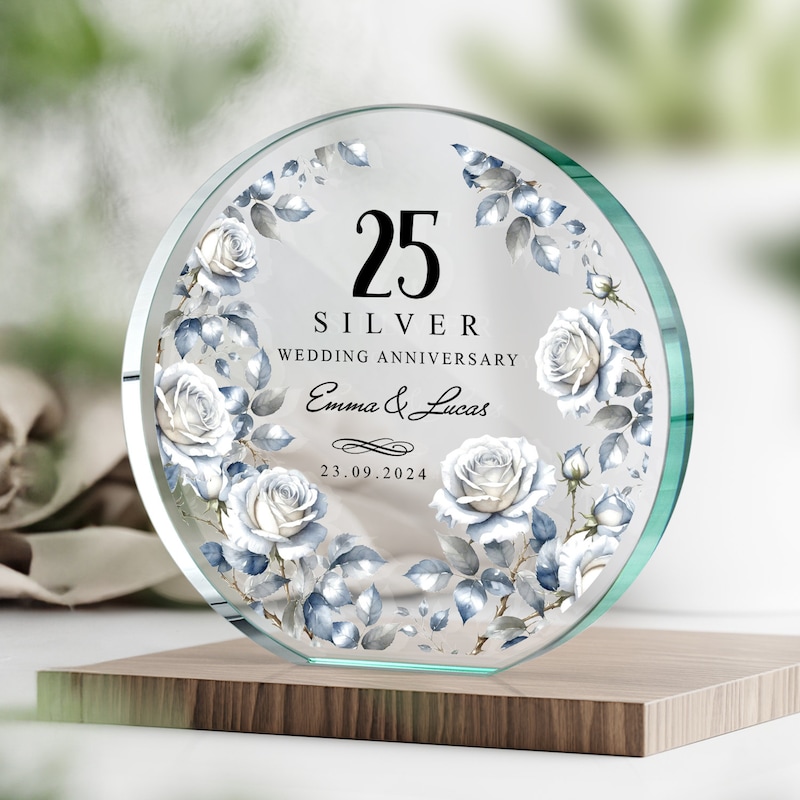Anniversary Wedding Gifts Crystal Plate For Him Her Wife Husband Men Women With Wreath - Anniversary Wedding Gifts For Parents Couple - Wedding