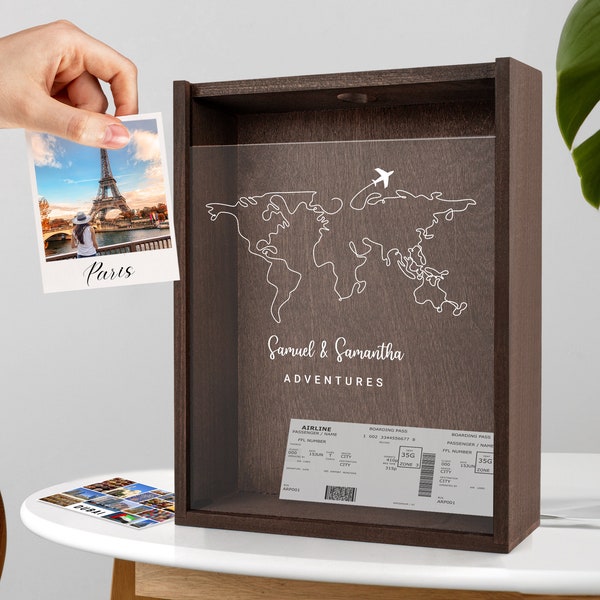 Boîte souvenir Aventures personnalisée | de collection, cadre de carte postale | Boîte souvenir pour billets | Grande boîte souvenir en bois avec photos