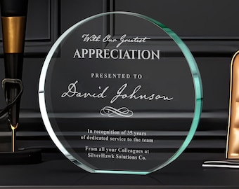 Engraved Glass Retirement Award: Personalized Appreciation Plaque