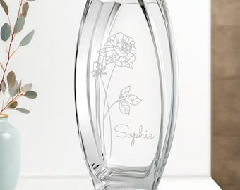 Vase à fleurs personnalisé avec nom | Vase gravé fleur de naissance | Cadeaux personnalisés pour elle | Idée cadeau fête des mères