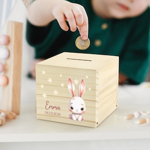 Personalized Money Box Wood Bunny | Customized Piggy Bank with Name | 1st Birthday Gift | Christening Present