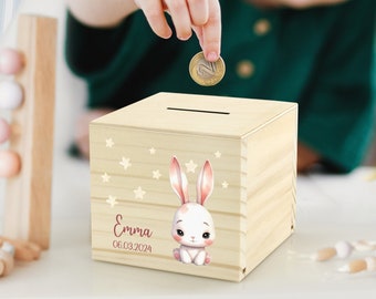Personalized Money Box Wood Bunny | Customized Piggy Bank with Name | 1st Birthday Gift | Christening Present
