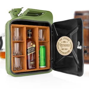 Gepersonaliseerde jerrycan-minibar met 4 glazen | Custom whiskycadeau voor mannen | Draagbare barkoffer voor reizen en feesten