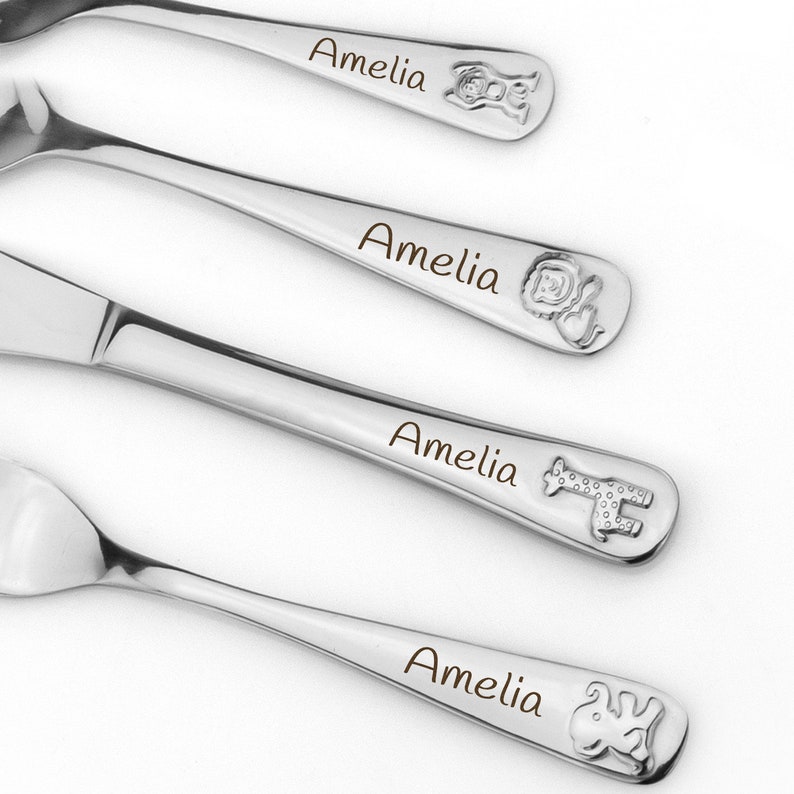 Engraved Childrens Kids 4 Piece Cutlery Set Children's Cutlery Set with Engraving in Box Kids Tableware Christening Gift image 5