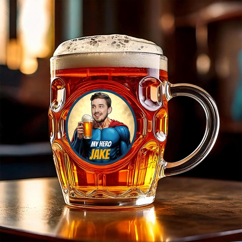 Personalized Superhero Caricature Beer Mug | Funny Gift for Men - Etsy