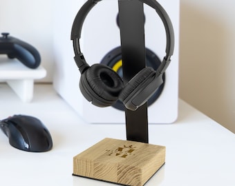 Personalized Oak Headphone Stand: Steel Arm Gaming Headset Hanger