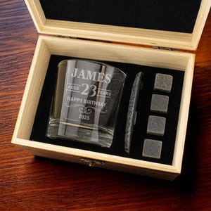 Whiskey Glass with Name Engraving | Wooden Gift Box & Stones | Birthday or Anniversary Gift