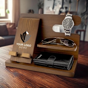 May include: A wooden organiser with a phone stand, watch holder, sunglasses holder, and a wallet slot. The organiser is brown and has the text "YOUR LOGO HERE" on the front.