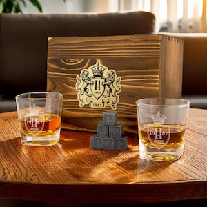 Personalized Whiskey Glass Set with Stones | Engraved Gift in Wooden Box | Birthday or Groomsmen Gift for Him