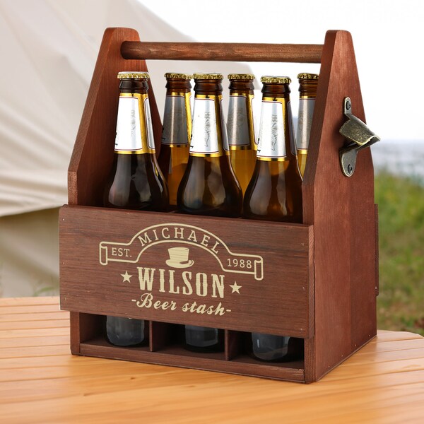 Engraved Wooden Beer Caddy for Him - Birthday - Father's Day - Beer Stash