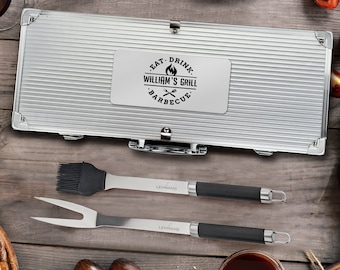 Gepersonaliseerde BBQ Grill Tool Kit Set in koffer | RVS BBQ-set | Grillgereedschapset | Grillcadeau voor heren