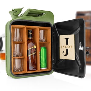 Gepersonaliseerde stalen jerrycan-minibar met 4 glazen voor heren | Draagbare barkoffer | Whiskycadeauset | Handgemaakte reisbar