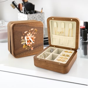 Personalized Wooden Jewelry Box | Custom Engraved Jewelry Box | Personalized Travel Case for Women | Ring Necklace Storage Box