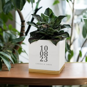 Könnte beinhalten: Weißer Keramiktopf mit Holzsockel, mit dem Datum 10.08.23 und den Namen Carrie & James.