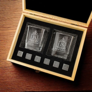 Engraved Whiskey Glasses with Wooden Box | Custom Bourbon Glass Set | Unique Gift for Men | Birthday or Anniversary Gift