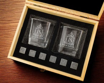 Engraved Whiskey Glass Set with Wooden Box: Personalized Bourbon Gift