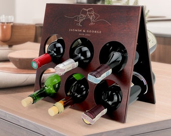 Wooden Rack for 6 Wine Bottles with Engraved Names - Personalized Gift