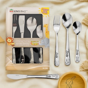 Personalised Kids Cutlery Set Stainless Steel | Children&#39;s Cutlery with Name Engraving | Gift for Birth & Baptism | Christening Gift