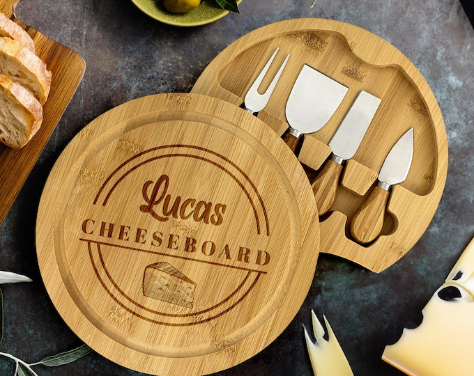 Cheese Board and Knife Set with Name | Personalized Serving Board | Wooden Round Charcuterie Board | Cheese Lovers Gift | Cheese Accessories