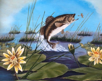 Jumping Fish in Lilly Pond Canvas Oil Signed