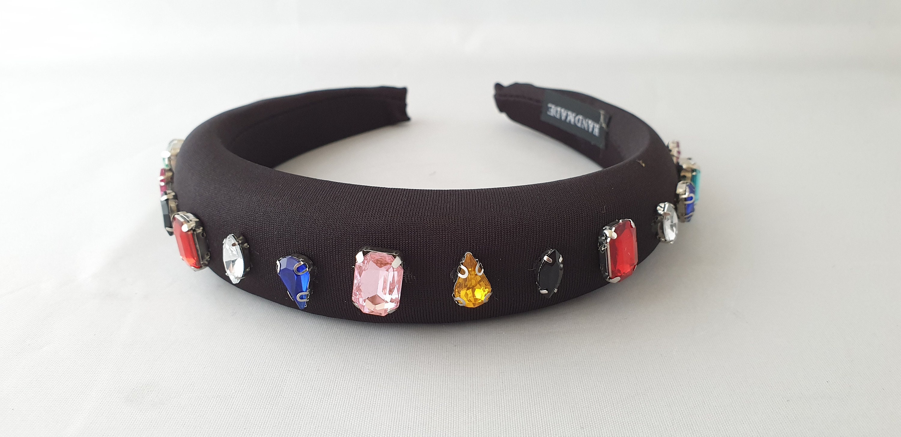 Black Padded Headband Colored Crystal Rhinestone Gemstone Crown Head Band Tiara Headpiece