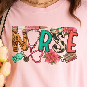 Floral Nurse Shirt with Stethoscope & Tools | Cute Medical Theme RN Gift Tee for Women | Nursing Student Appreciation T-Shirt