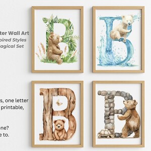 Clipart lettre B – bébé ours | 4 styles naturels (pierre, herbe, eau, bois) | Décoration murale pour chambre de bébé + impression chemise/fourre-tout | PNG transparents
